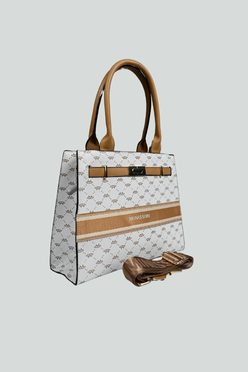 Λευκή τσάντα με μπεζ και καφέ λεπτομέρειες και γράμματα