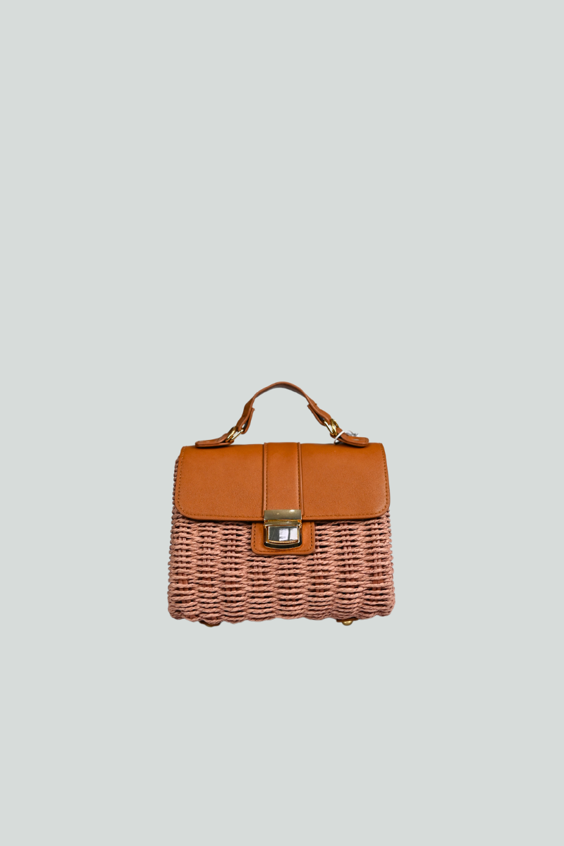 Ροζ τσάντακι με καφέ και χρυσές λεπτομέρειες