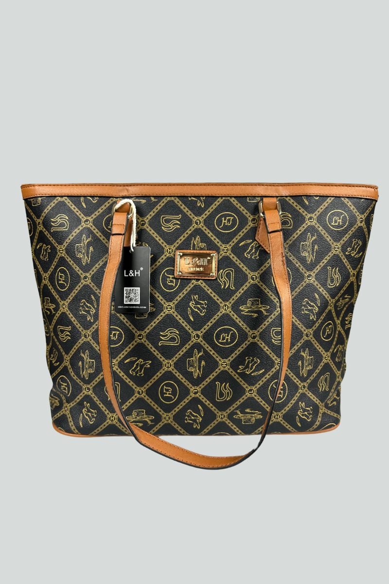 Τσάντα ωμου με καφέ λεπτομέρειες και σχέδια.