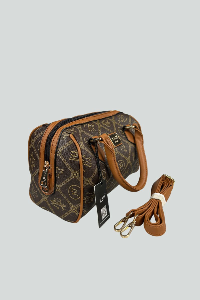 Καφέ τσάντα τύπου νεσεσέρ με καφέ λεπτομέρειες και αποσπώμενο λουράκι