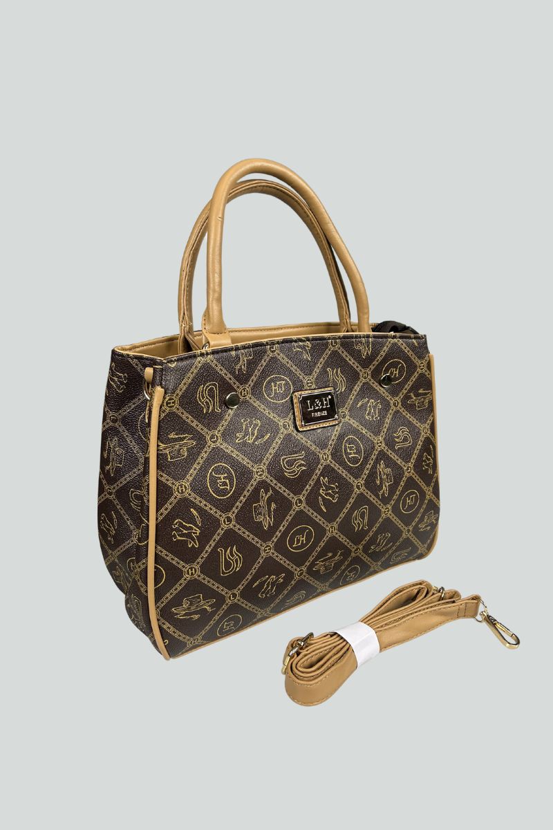 Καφέ τσάντα ώμου με μπεζ λεπτομέρειες και σχέδια