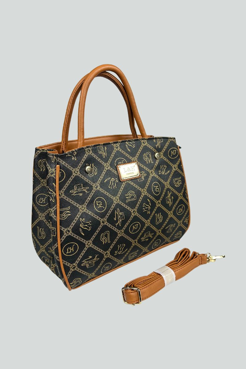 Μαύρη τσάντα ώμου με καφέ λεπτομέρειες και σχέδια