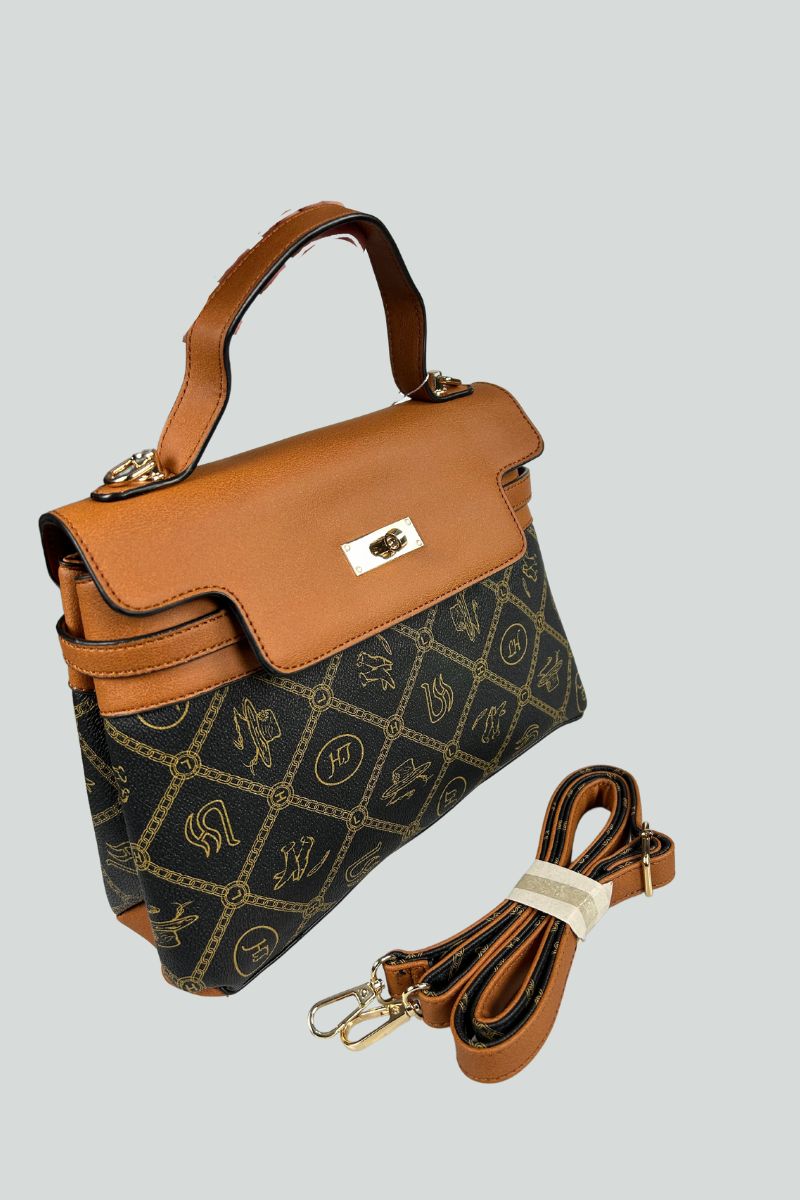 Μικρή Καφέ και μαύρη τσάντα με λεπτομέριες από δερματίνη