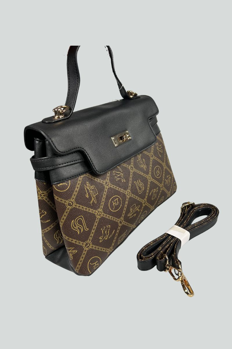 Μικρή μαύρη και Καφέ τσάντα με λεπτομέριες από δερματίνη