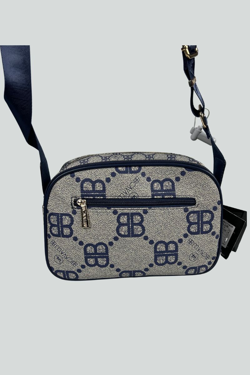 Τσάντα μικρή μπεζ με μπλε γράμματα και σχέδια