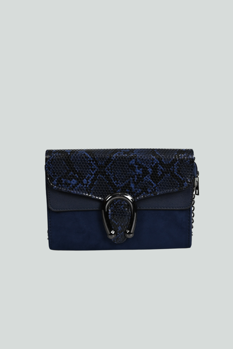 Σκούρο μπλε τσάντα με πέταλο και λεπτομέρειες-σχεδια σε δέρμα φιδιού