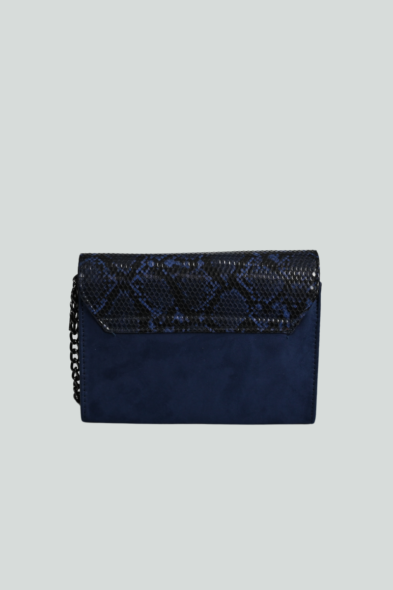 Σκούρο μπλε τσάντα με πέταλο και λεπτομέρειες-σχεδια σε δέρμα φιδιού